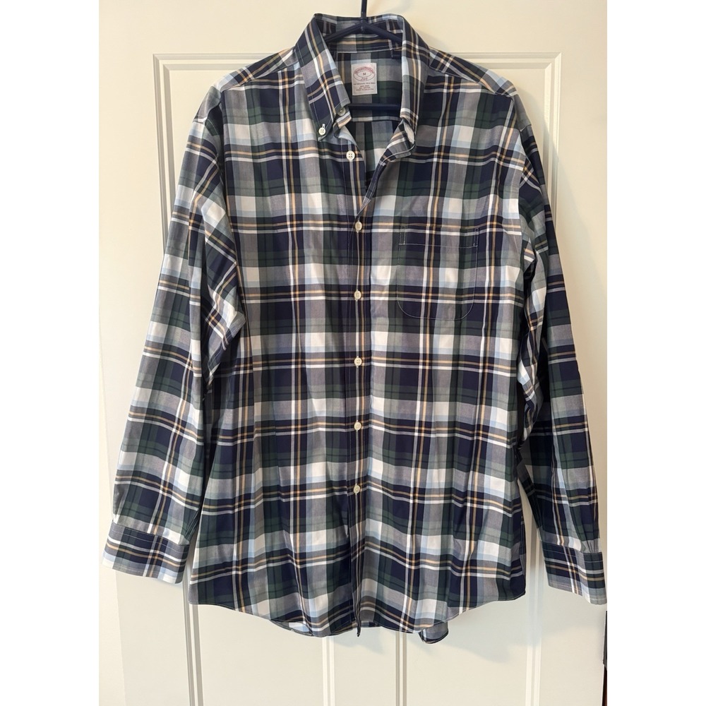 Brooks Brothers 346 Casual Button Front Dress Shirt Men MEDIUM Blue Plaid